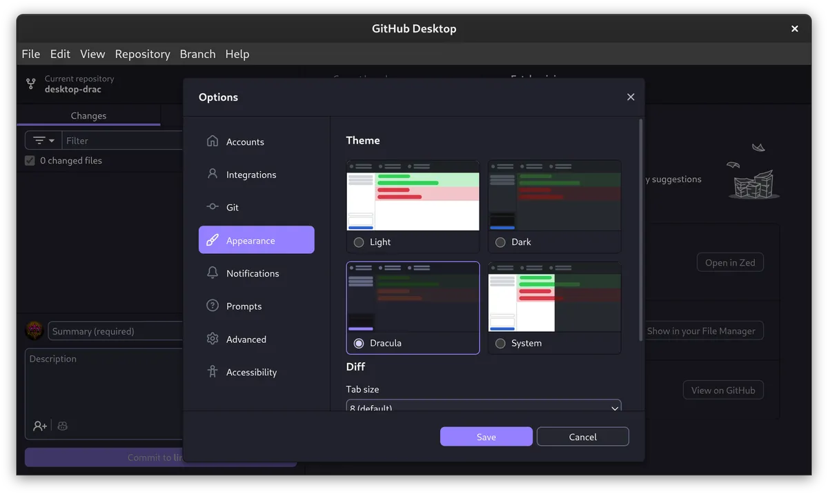 A screenshot of the GitHub Desktop Dracula Theme